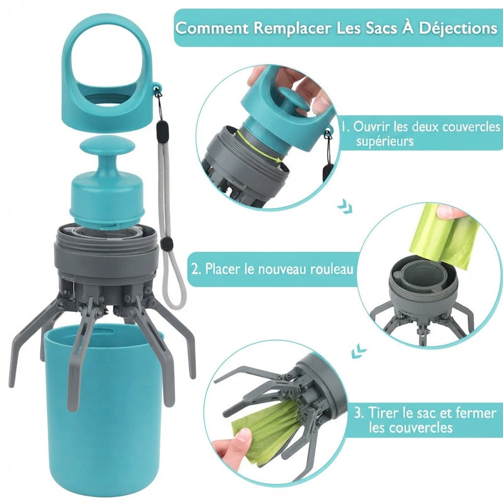 Ramasse-crottes portable pour chien avec sac à déjection